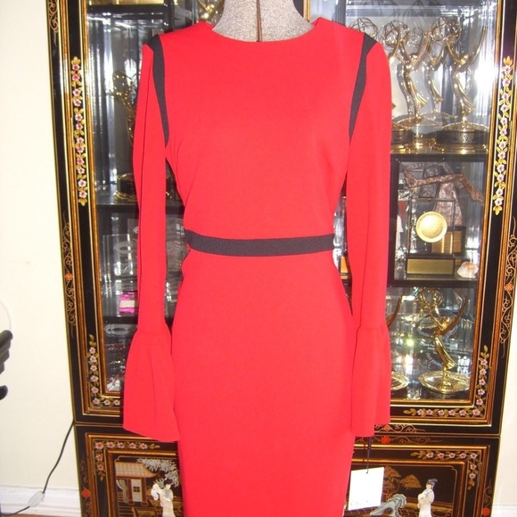NWT CALVIN KLEIN RED BELL SLEEVE DRESS M - Picture 1 of 7